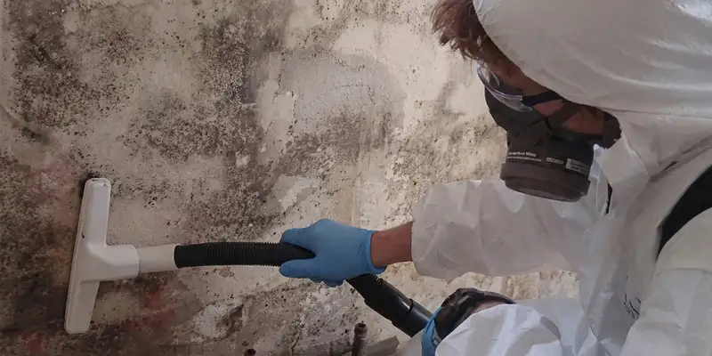 professional mold removal technician wearing protective equipment removing mold from a wall in Bellevue, WA