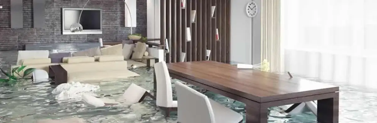 home interior affected by water damage with flooded floors and displaced furniture in Bellevue, WA